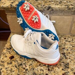 adidas Kids White Golf Sneakers with Blue & Coral Accents
